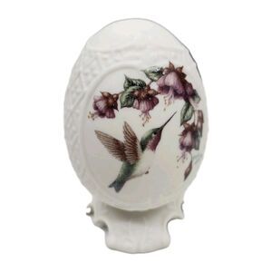 Vintage Kathy Seek Porcelain Egg with Stand Hummingbird Purple Flowers Embossed